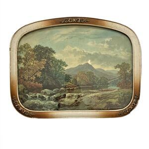 Fishing Mountains Framed Print Antique 20s Landscape Waterfall Shabby Decor READ